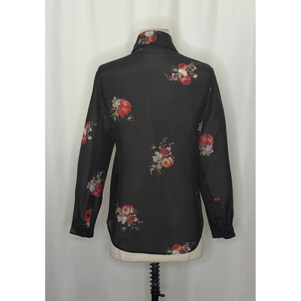 THE KOOPLES Silk Blend Black Floral Buttondown Top Blouse Button Down 0 / XS
