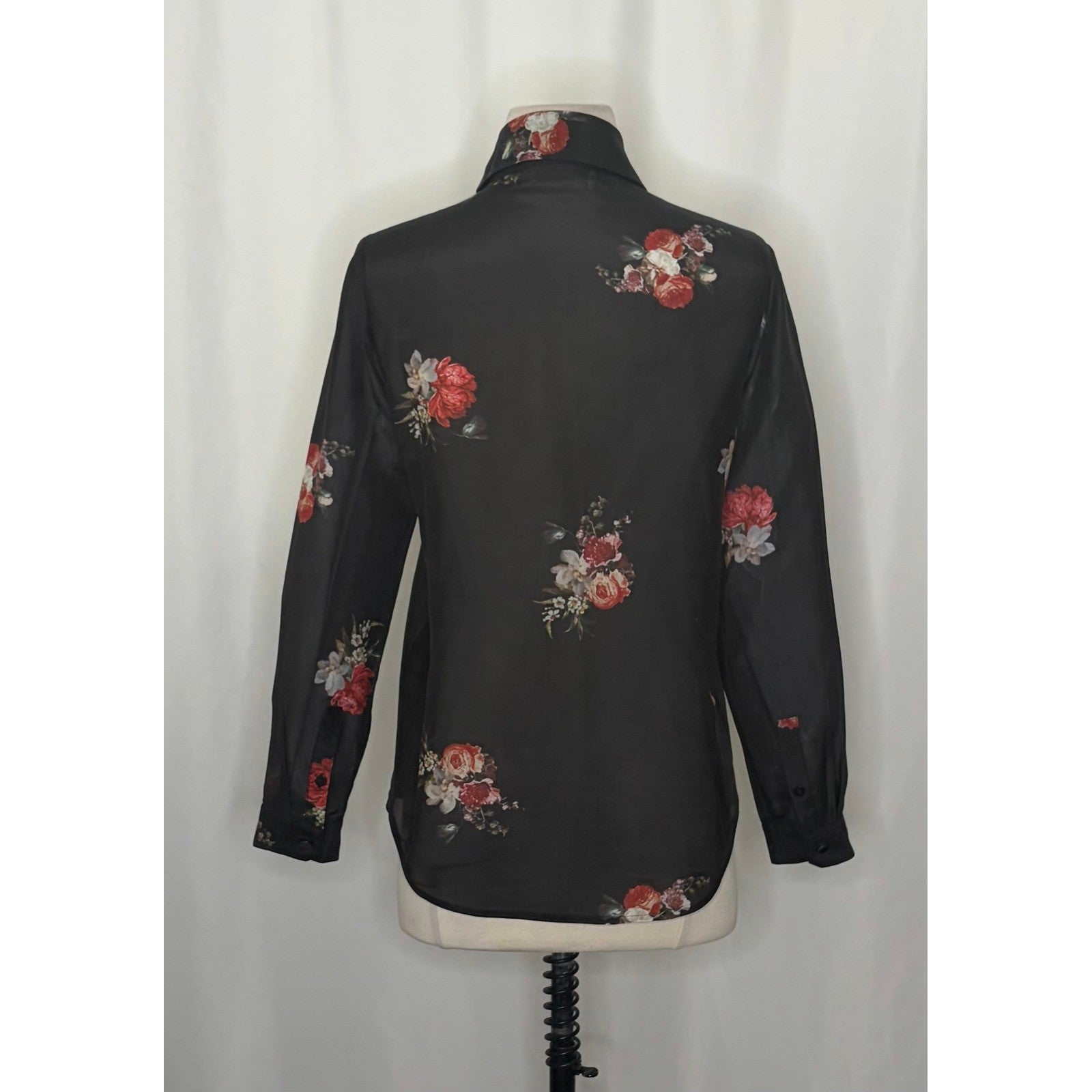 THE KOOPLES Silk Blend Black Floral Buttondown Top Blouse Button Down 0 / XS
