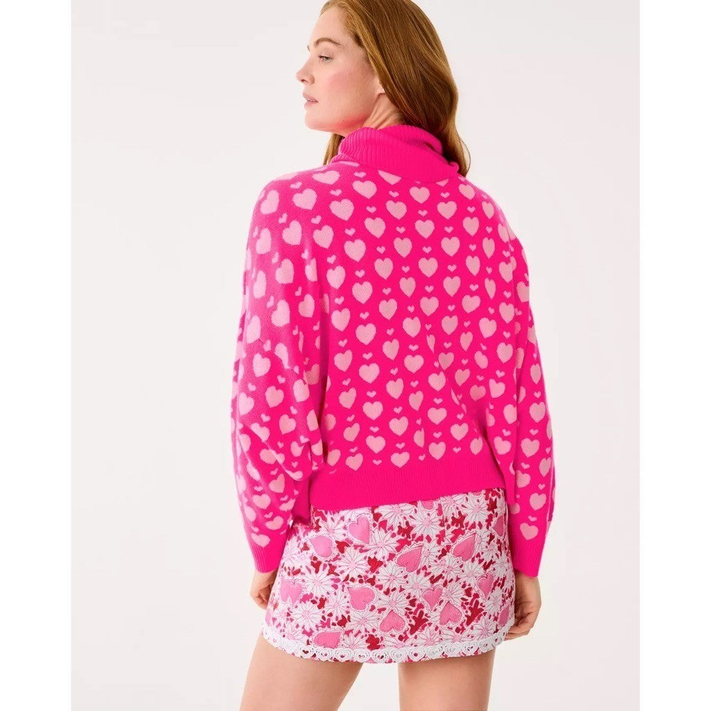 LILLY PULITZER Liggy Sweater Passion Fruit Pink Valentine Heart Jacquard Small