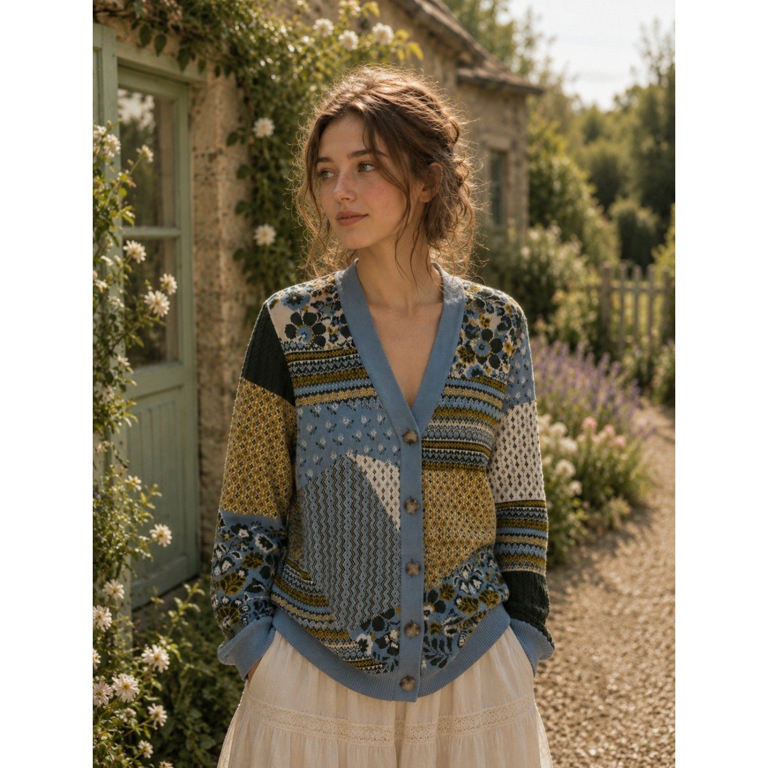 APPLESEED'S Patchwork Cardigan Sweater Floral Fairisle Fair Isle Geometric Large