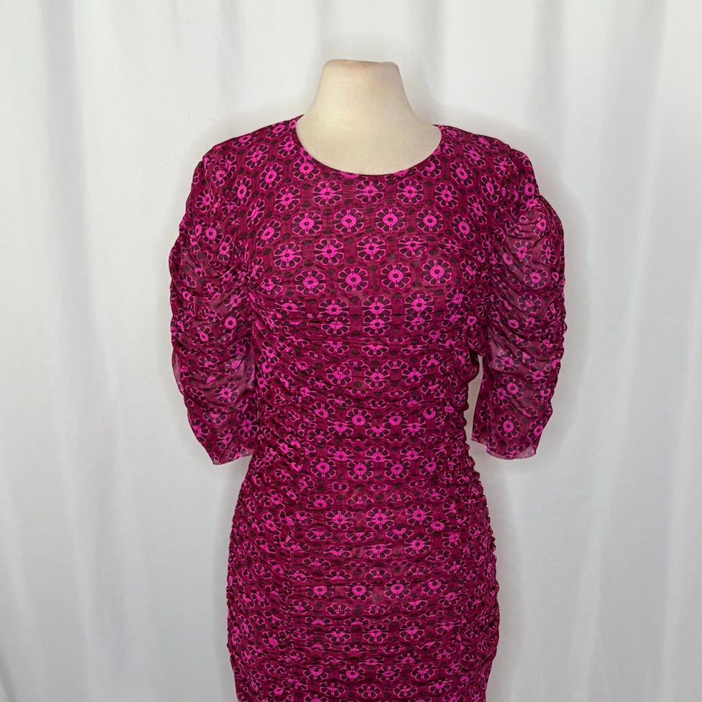 FREE PEOPLE Briella Dress Floral Ruched Midi Fuchsia Combo Ruching Party Large