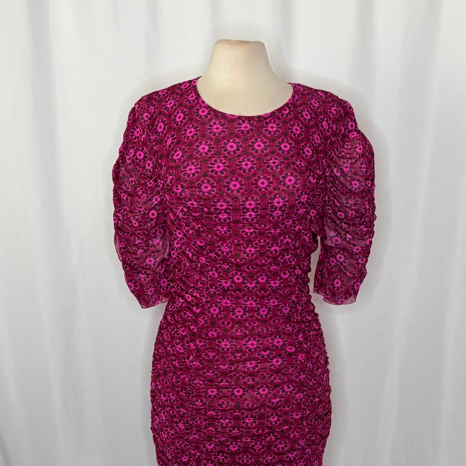 FREE PEOPLE Briella Dress Floral Ruched Midi Fuchsia Combo Ruching Party Large