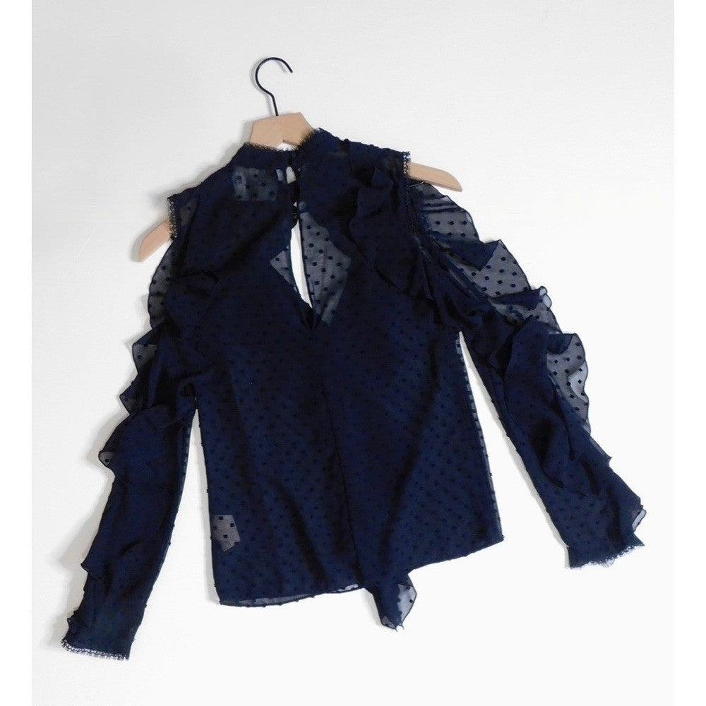 NICHOLAS Navy Blue Swiss Dot Cutout Cold Shoulder Top Blouse Ruffle Size 0
