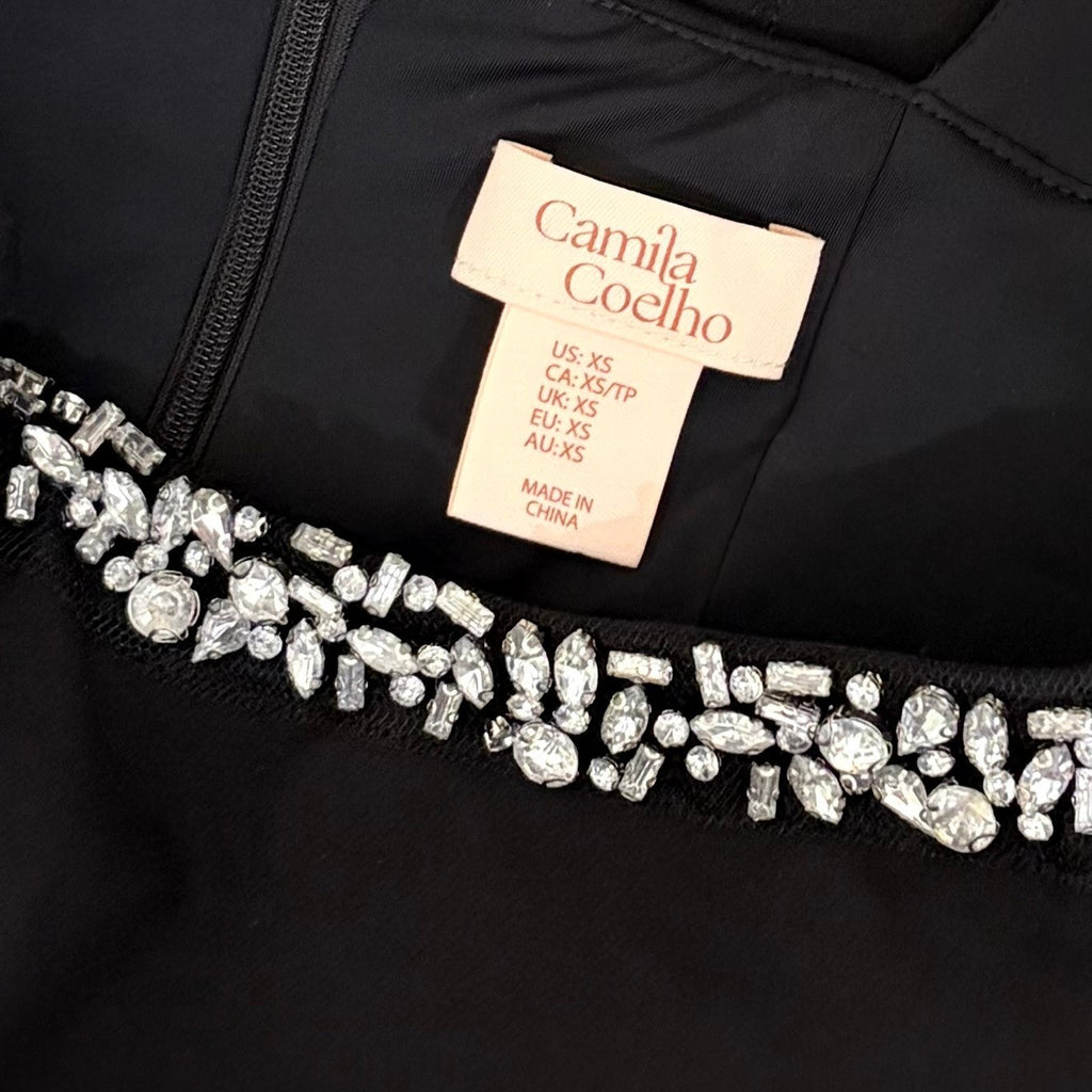 CAMILA COELHO Black Embellished Midi Sheath Dress Glam Solid Party Cocktails XS