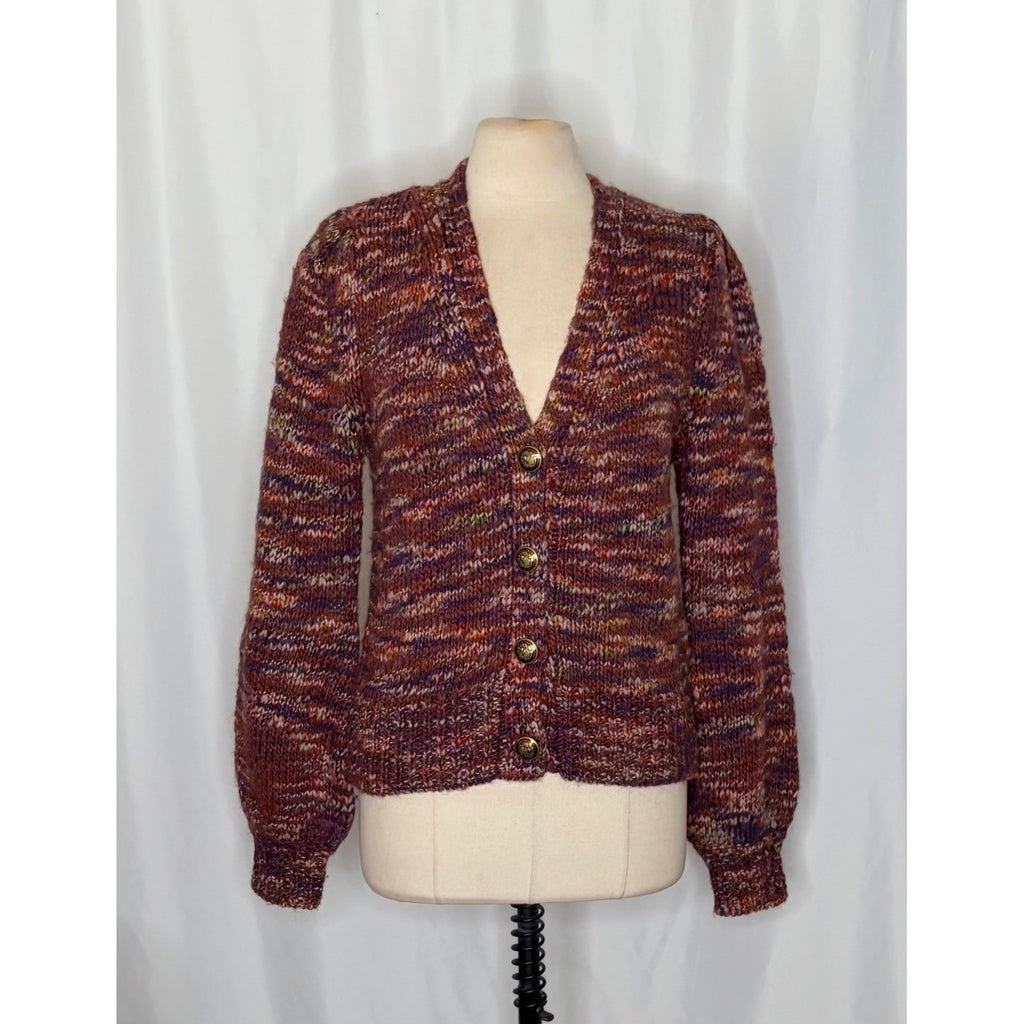 VERONICA BEARD Amosa Wool Cardigan Sweater Marled Puff Sleeves Burgundy Large