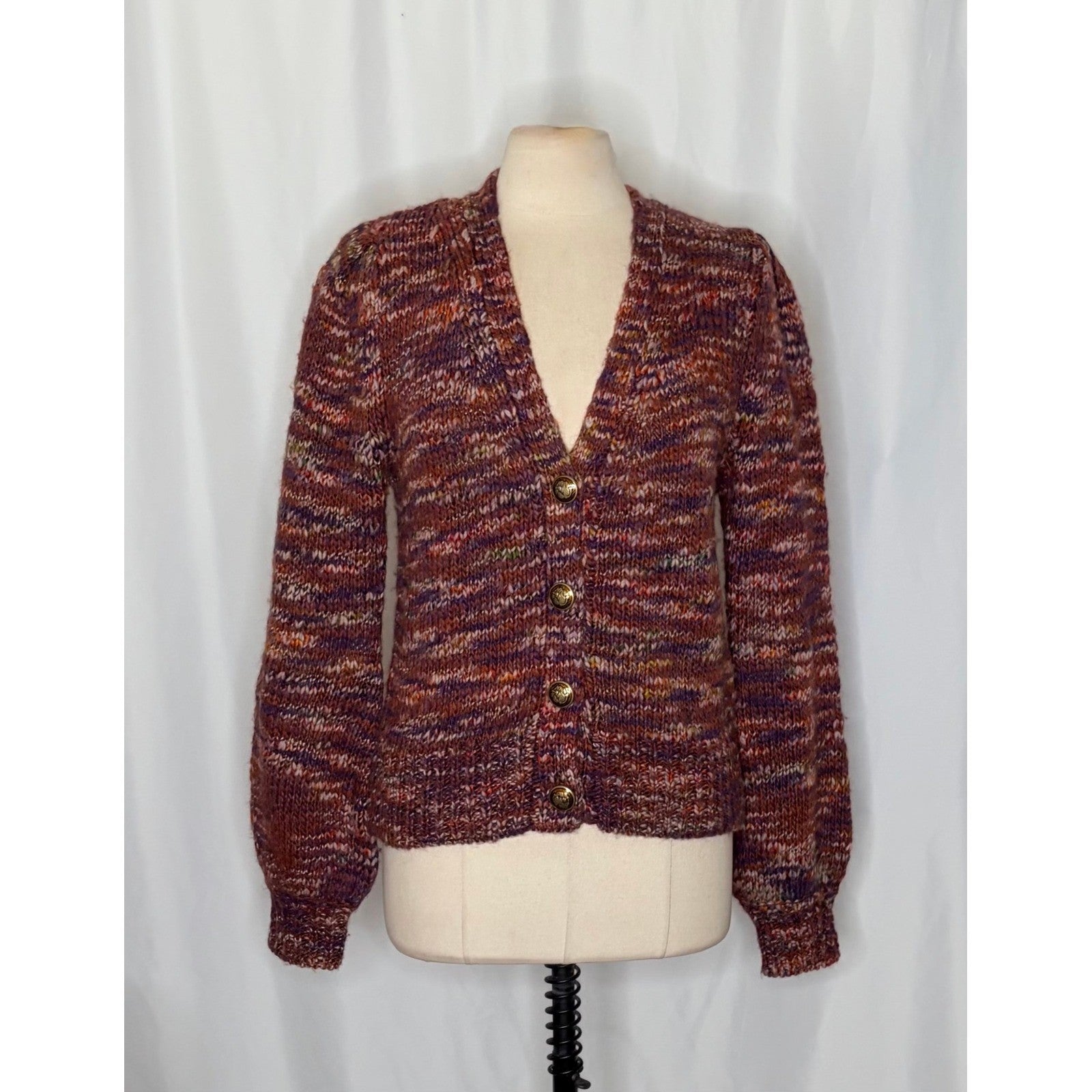 VERONICA BEARD Amosa Wool Cardigan Sweater Marled Puff Sleeves Burgundy Large