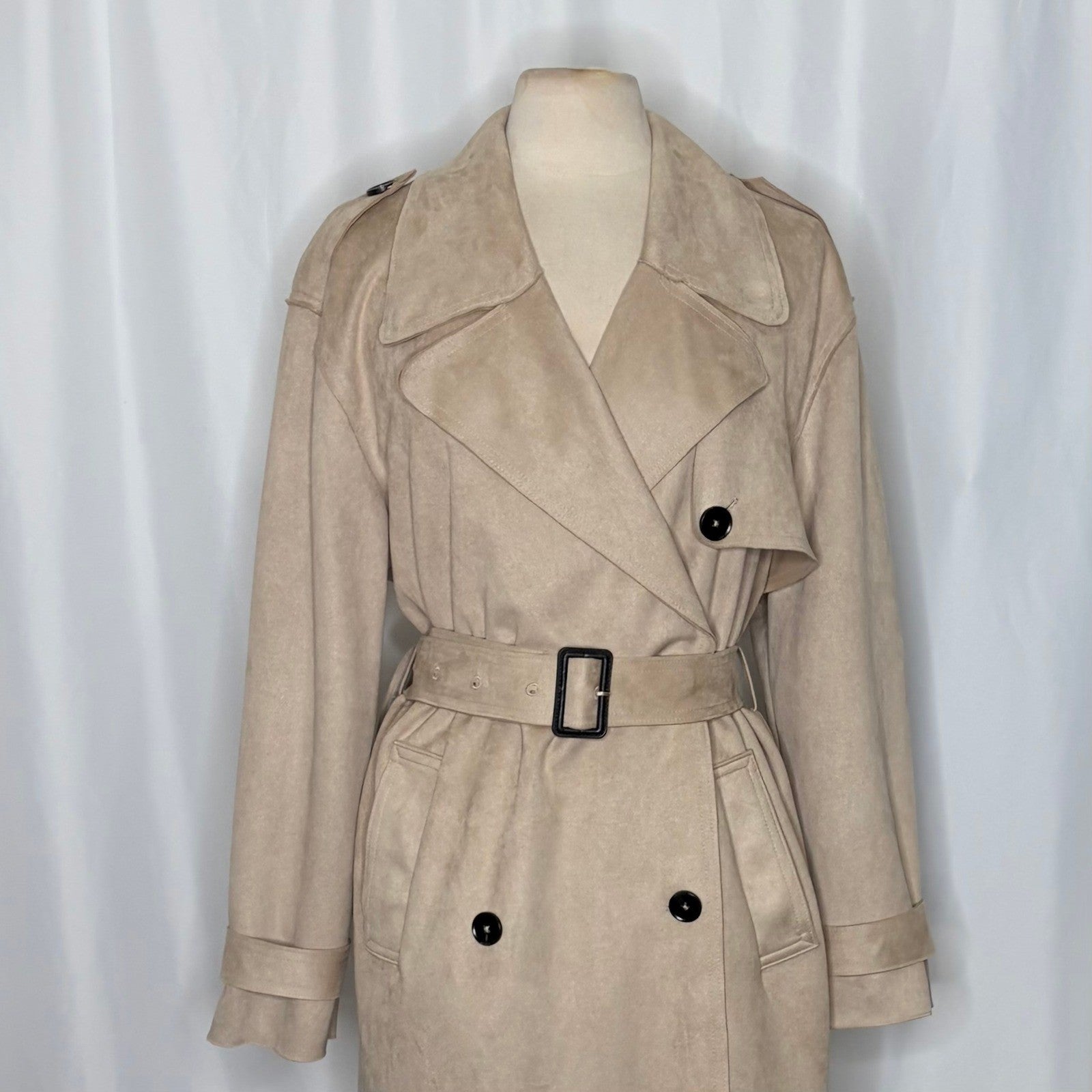 ZARA Faux Suede Trench Coat Belted Jacket Solid Tan Brown Pockets Outdoors Large