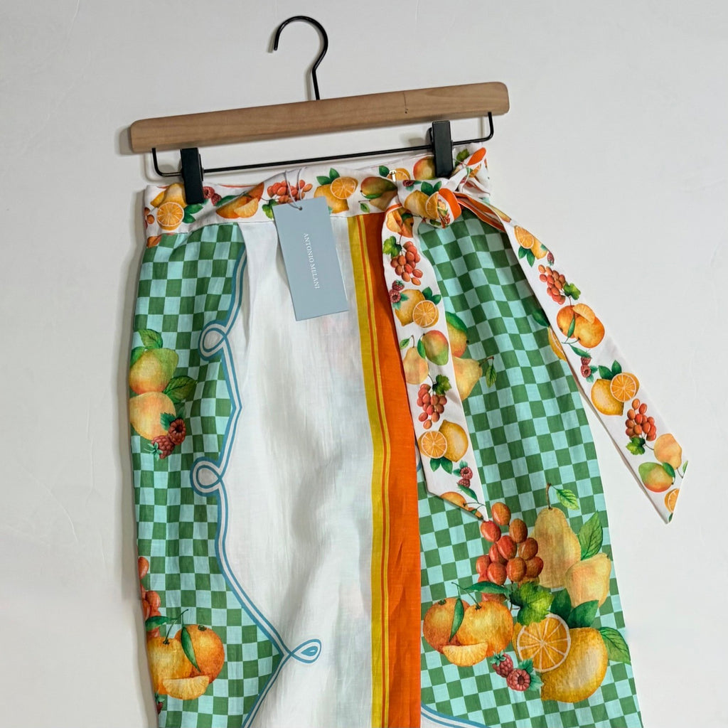 NWT!! ANTONIO MELANI Clio Wrap Skirt Linen Citrus Bliss Midi Fruit Checkered 0