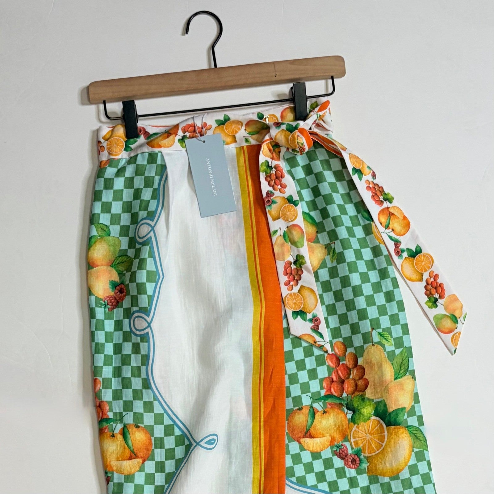 NWT!! ANTONIO MELANI Clio Wrap Skirt Linen Citrus Bliss Midi Fruit Checkered 0