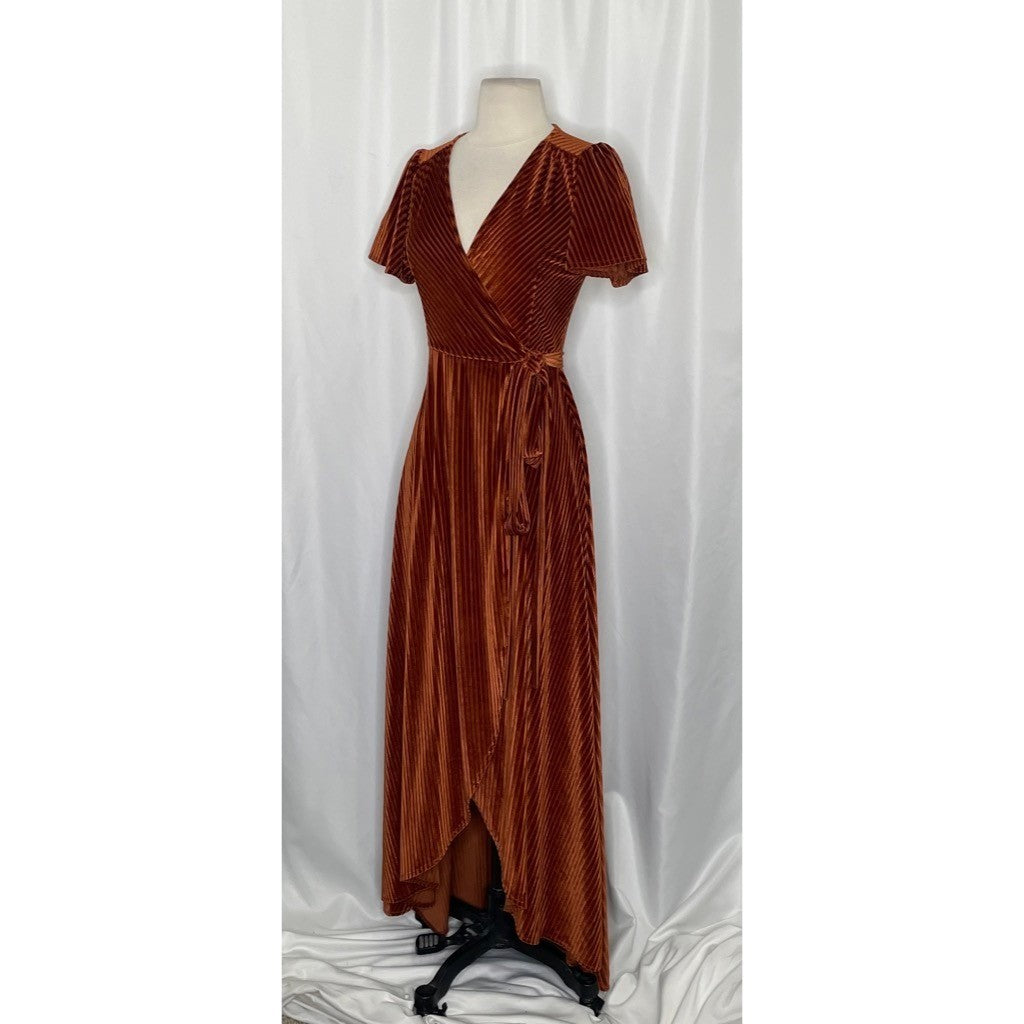 BALTIC BORN Andi Velvet High Low Maxi Dress Ribbed Party Holiday Copper Rust XS
