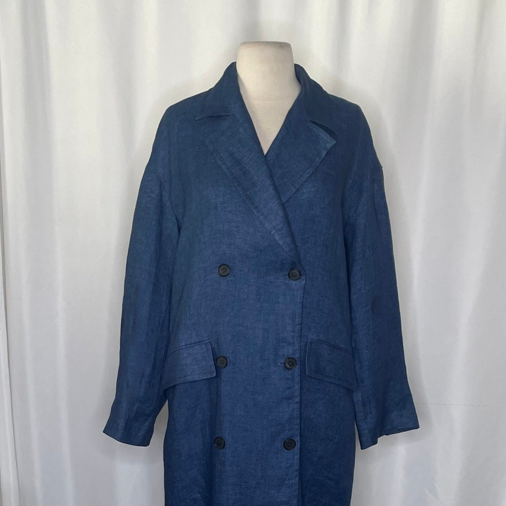 ZARA Limited Edition Linen Coat Buttons Pockets Double Breasted Blue X-Small