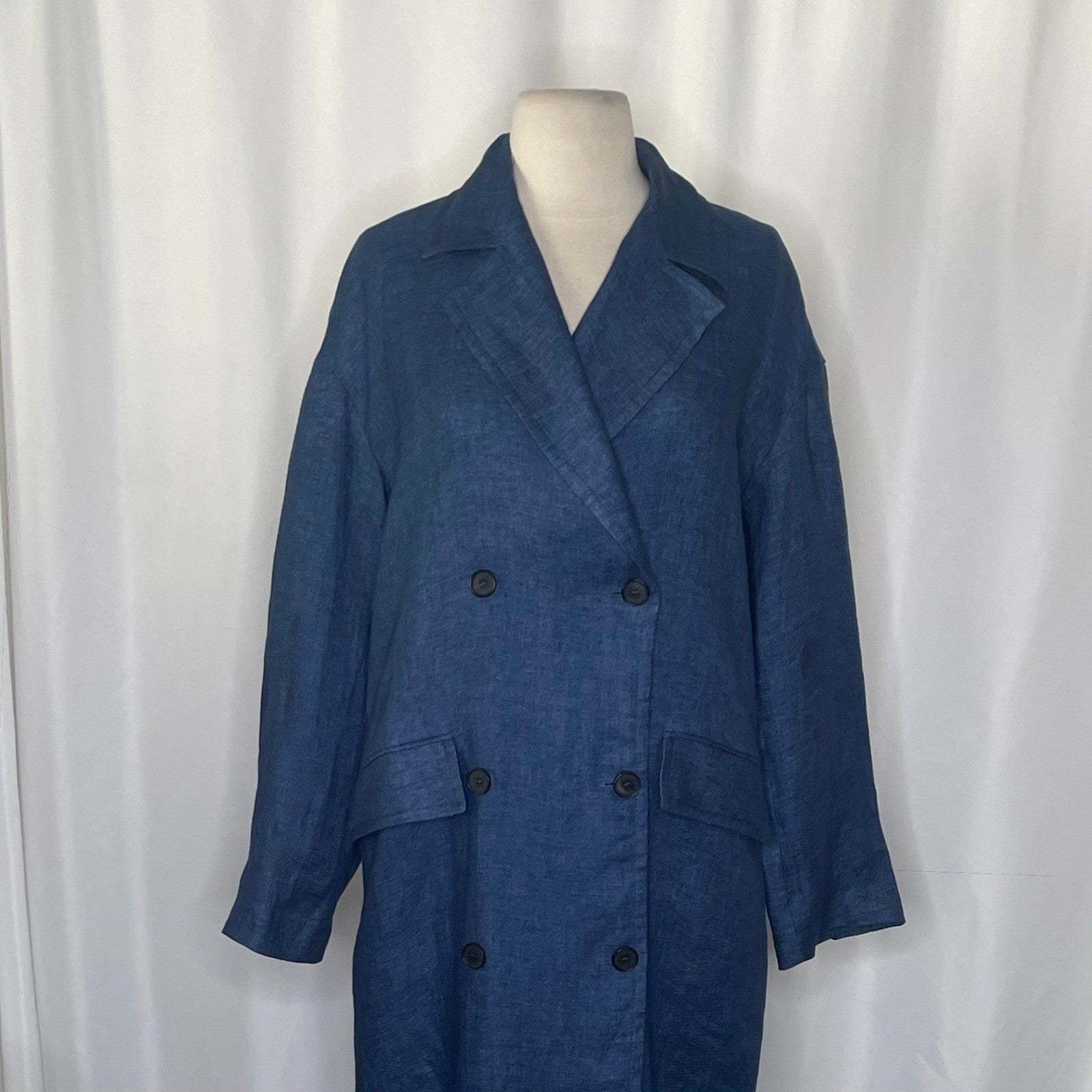 ZARA Limited Edition Linen Coat Buttons Pockets Double Breasted Blue X-Small