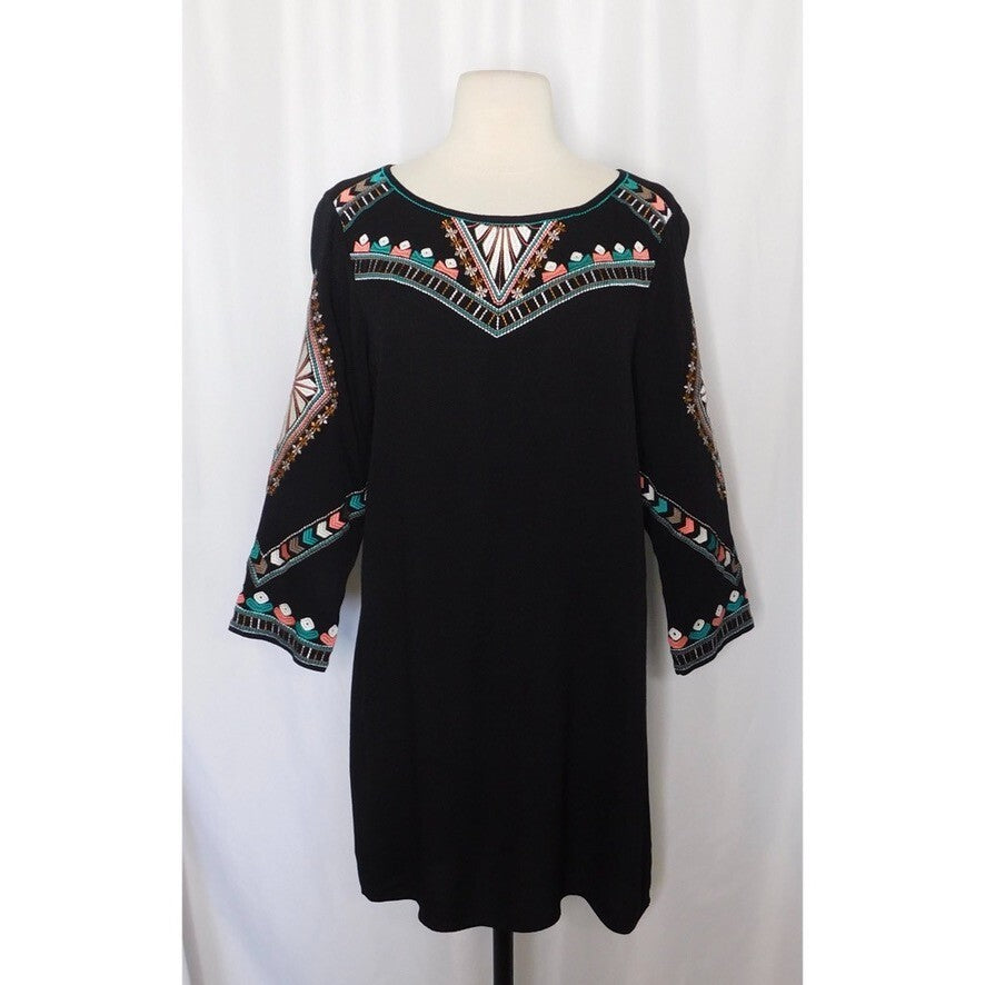 ELLA MOSS Embroidered Joss Shift Dress Retro Black Metallic Boho X-Small