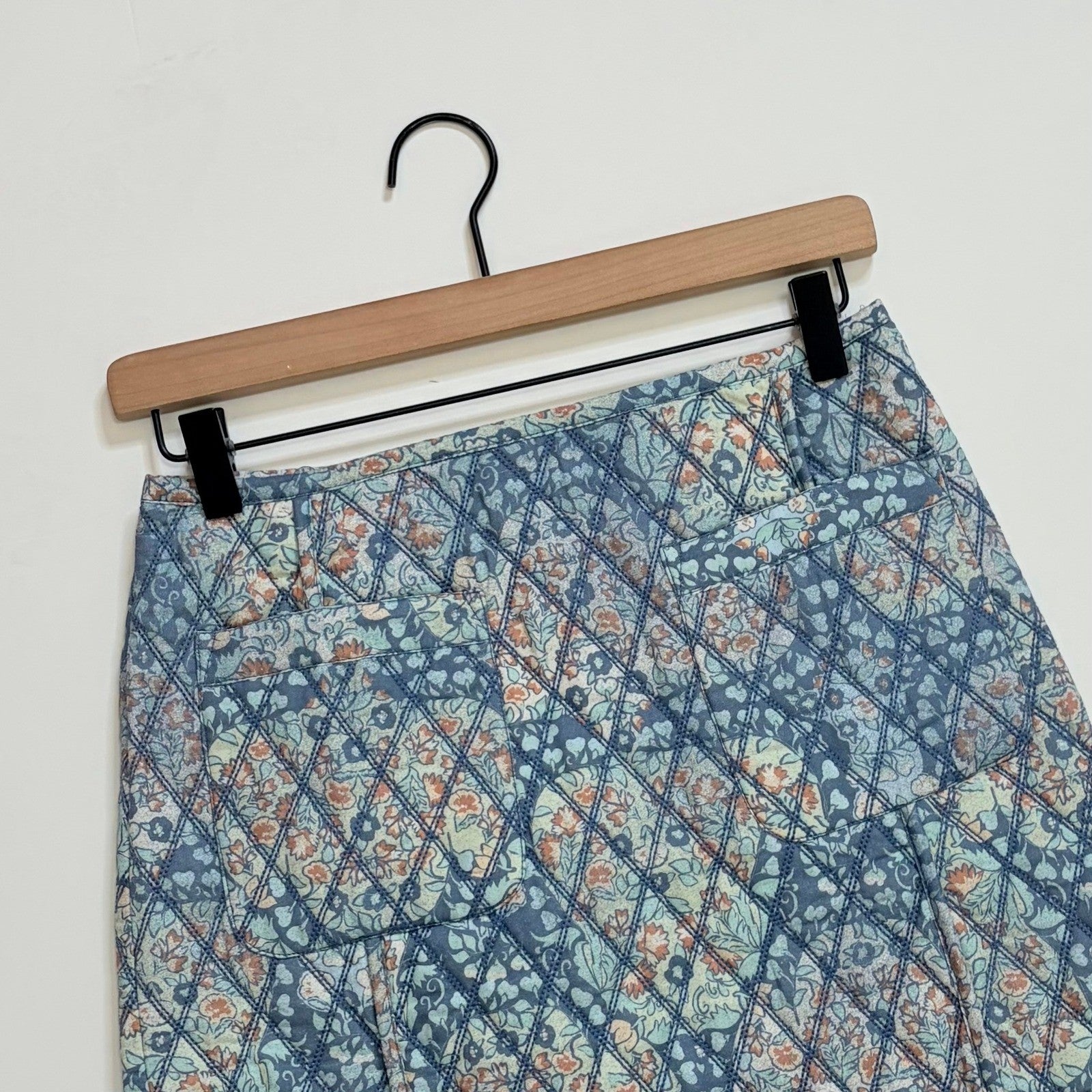 FREE PEOPLE Darla Quilted Mini Skirt Pockets Smoky Combo Tapestry Blue Size 2