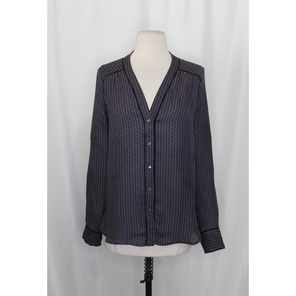 VINCE Mini-Geo Print Silk Blouse Top Mini Geo Geometric Print V Neck X-Small