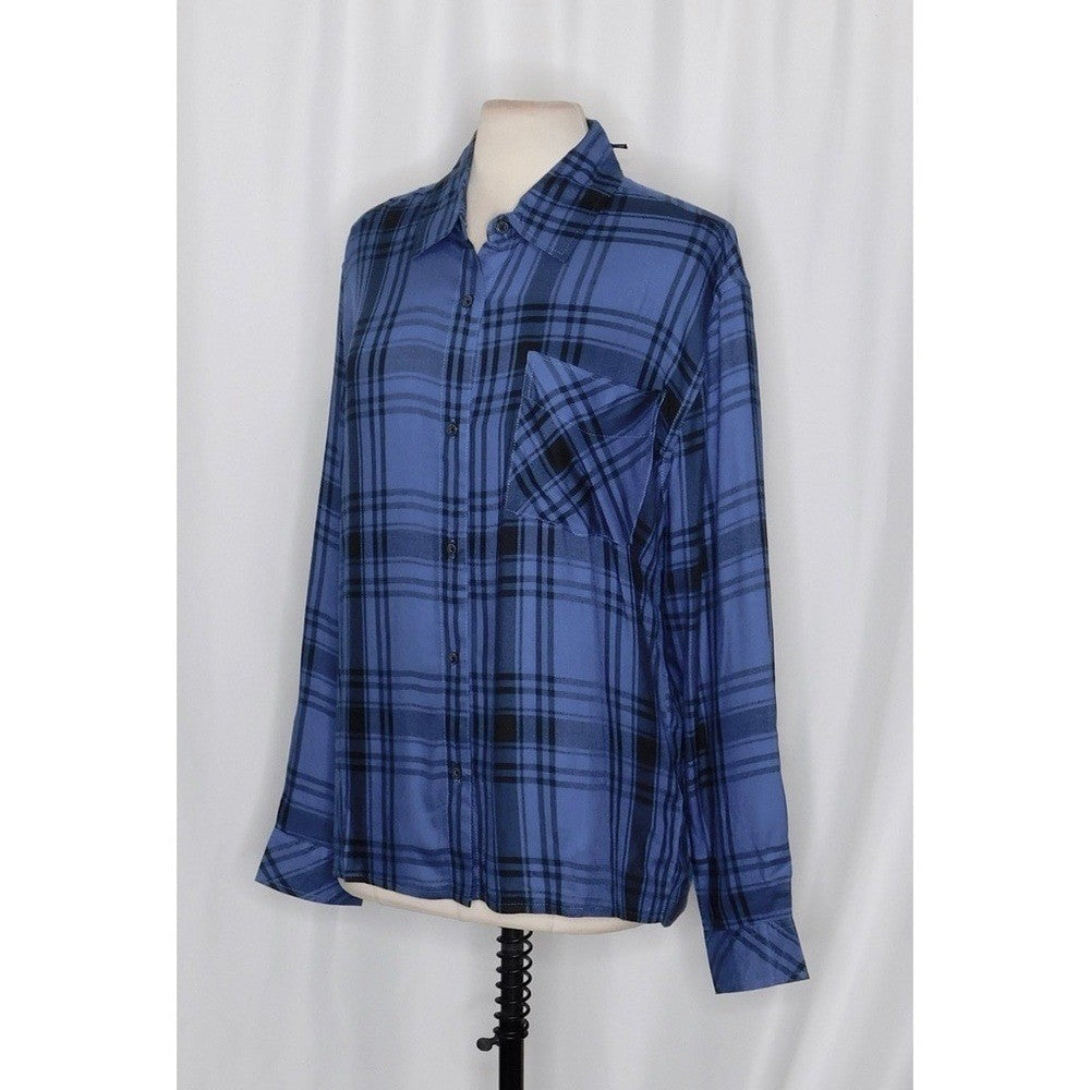 NWT!! WEWOREWHAT Boyfriend Shirt Plaid Navy Blue Collared Oversized Small Medium
