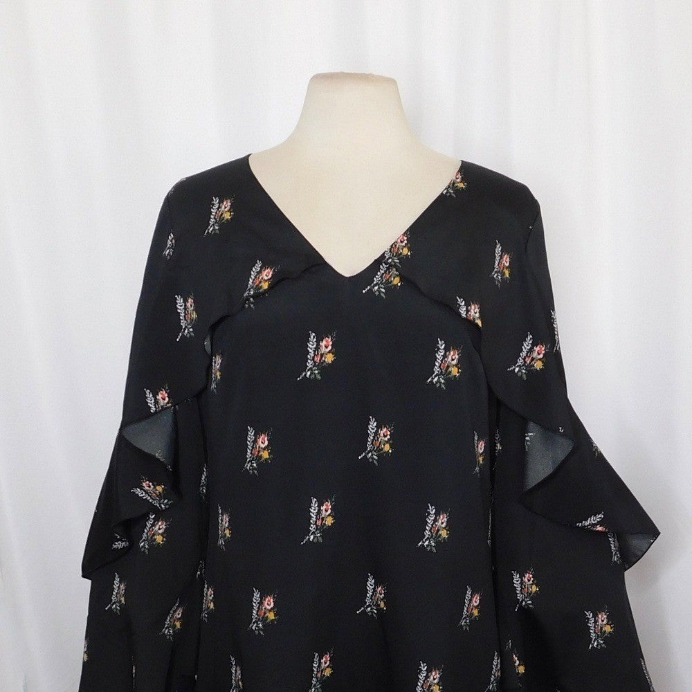 KOBI HALPERIN Ayana Ruffle Sleeve Black Floral Dress Cape Shift Dress Medium