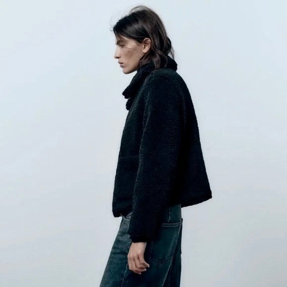 ZARA Black Sherpa Fuzzy Fleece Teddy Coat Faux Shearling Snaps Pockets Small
