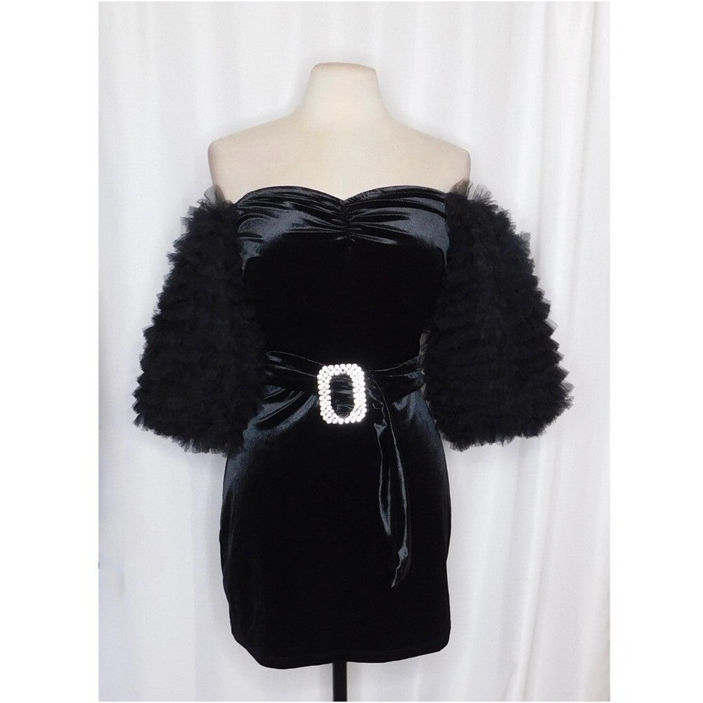 NWT!! ZARA Black Velvet Dress Ruffled Tulle Sleeves Rhinestone Party Cocktail