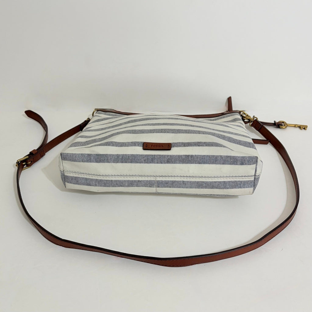 FOSSIL Fiona Blue WhiteStripe Large Crossbody Bag Purse Brown Faux Leather