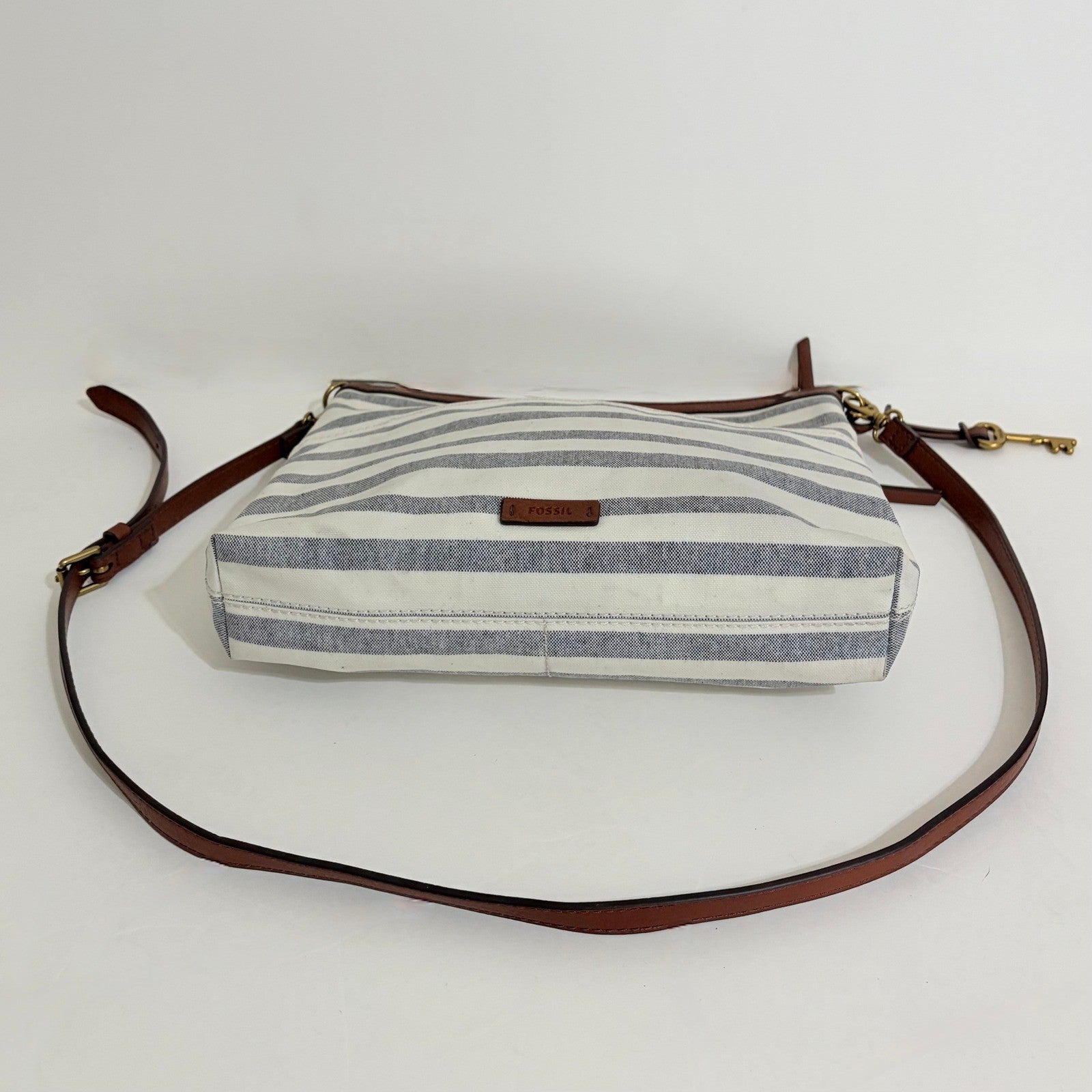 FOSSIL Fiona Blue WhiteStripe Large Crossbody Bag Purse Brown Faux Leather