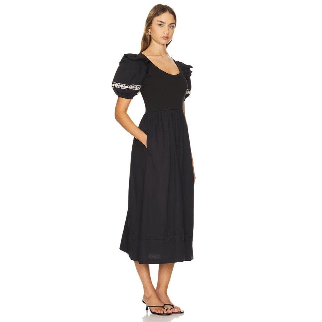 NWT!! CLEOBELLA Selma Midi Dress Embroidered Black Ruffle Puff Sleeves X-Small