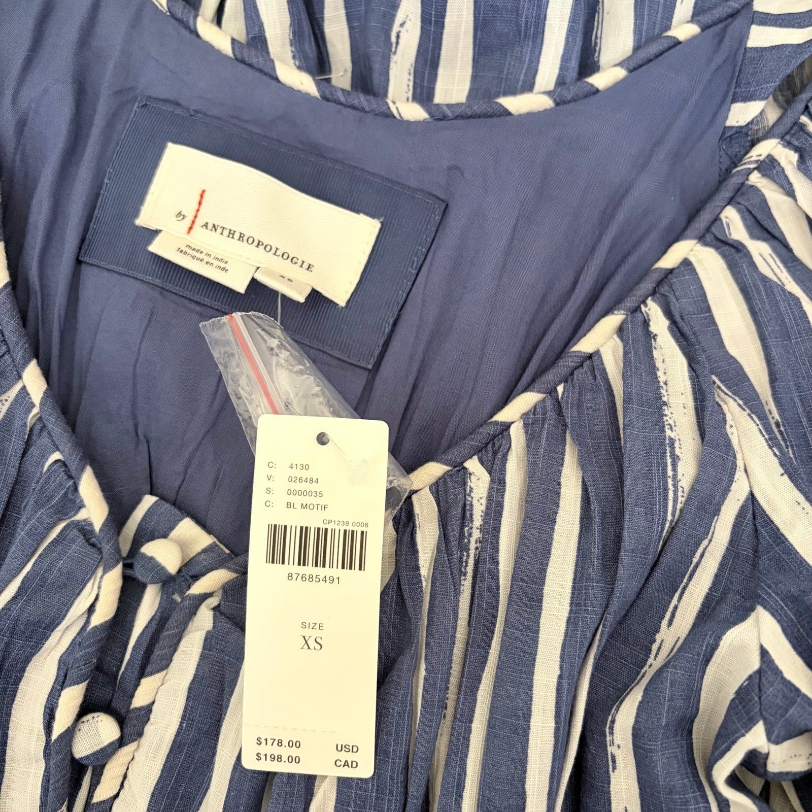 NWT!! By ANTHROPOLOGIE Long Sleeve Sweetheart Midi Dress Blue White Striped XS