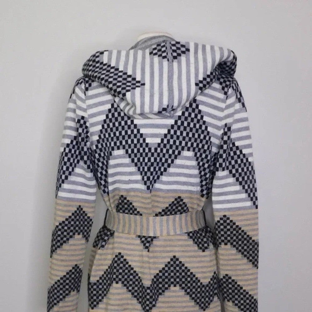 Anthropologie FIELD FLOWER Chevron Stripe Belted Wool Sweater Coat Hood X-Small