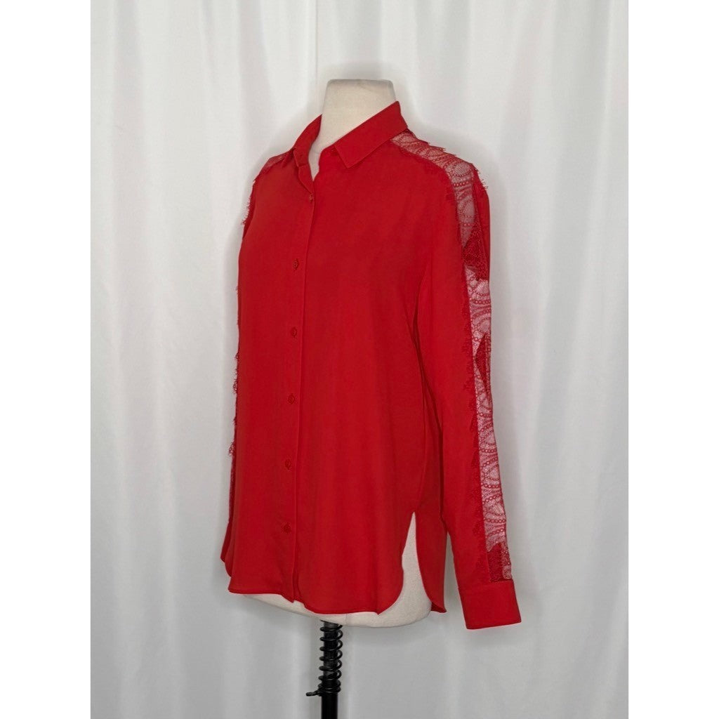 NWT!! THE KOOPLES Red Crepe Lace Shirt Blouse Buttondown Valentine Solid X-Small