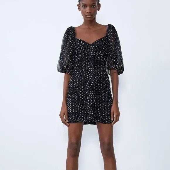 ZARA Chiffon Black Polka Dot Ruched Mini Dress Black Gray Party Blogger Small