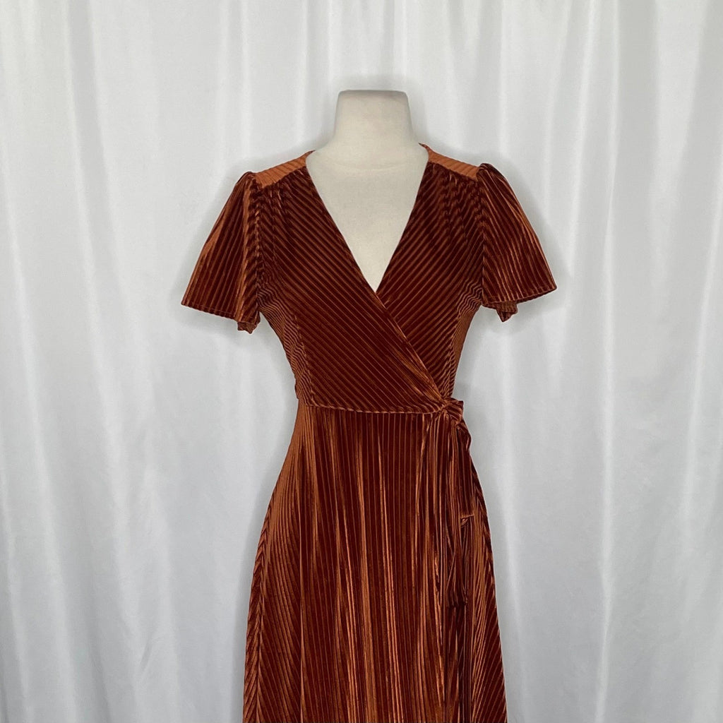 BALTIC BORN Andi Velvet High Low Maxi Dress Ribbed Party Holiday Copper Rust XS
