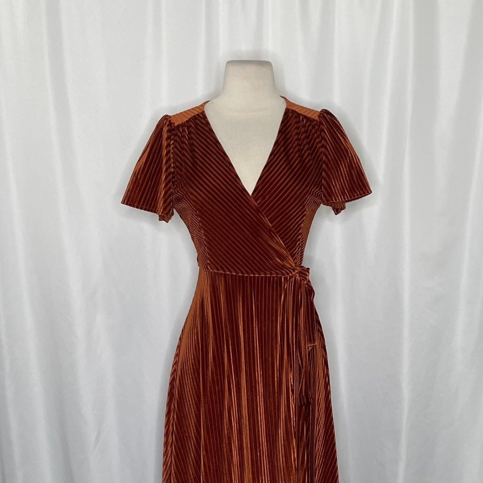 BALTIC BORN Andi Velvet High Low Maxi Dress Ribbed Party Holiday Copper Rust XS