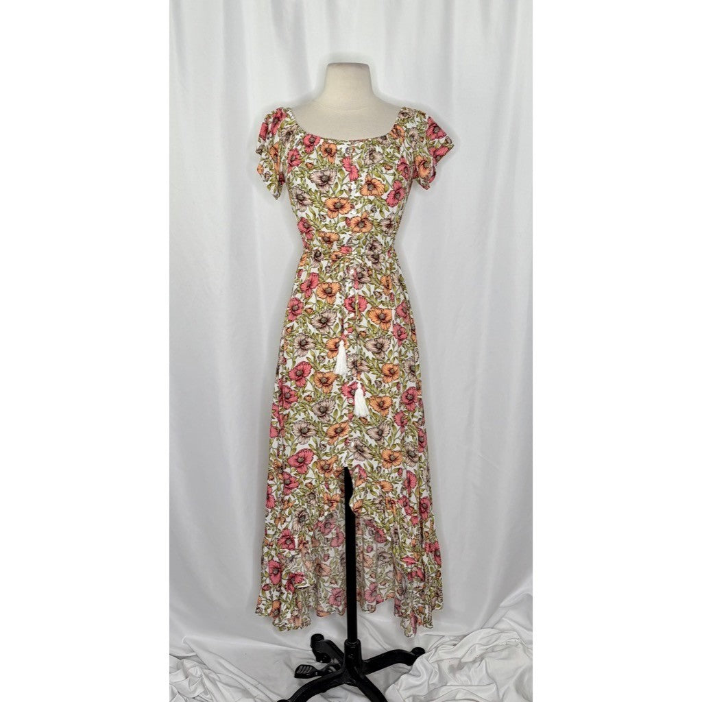 ATL ABEL THE LABEL Floral High Low Maxi Dress Pink Poppy Ruffled Bohemian XS