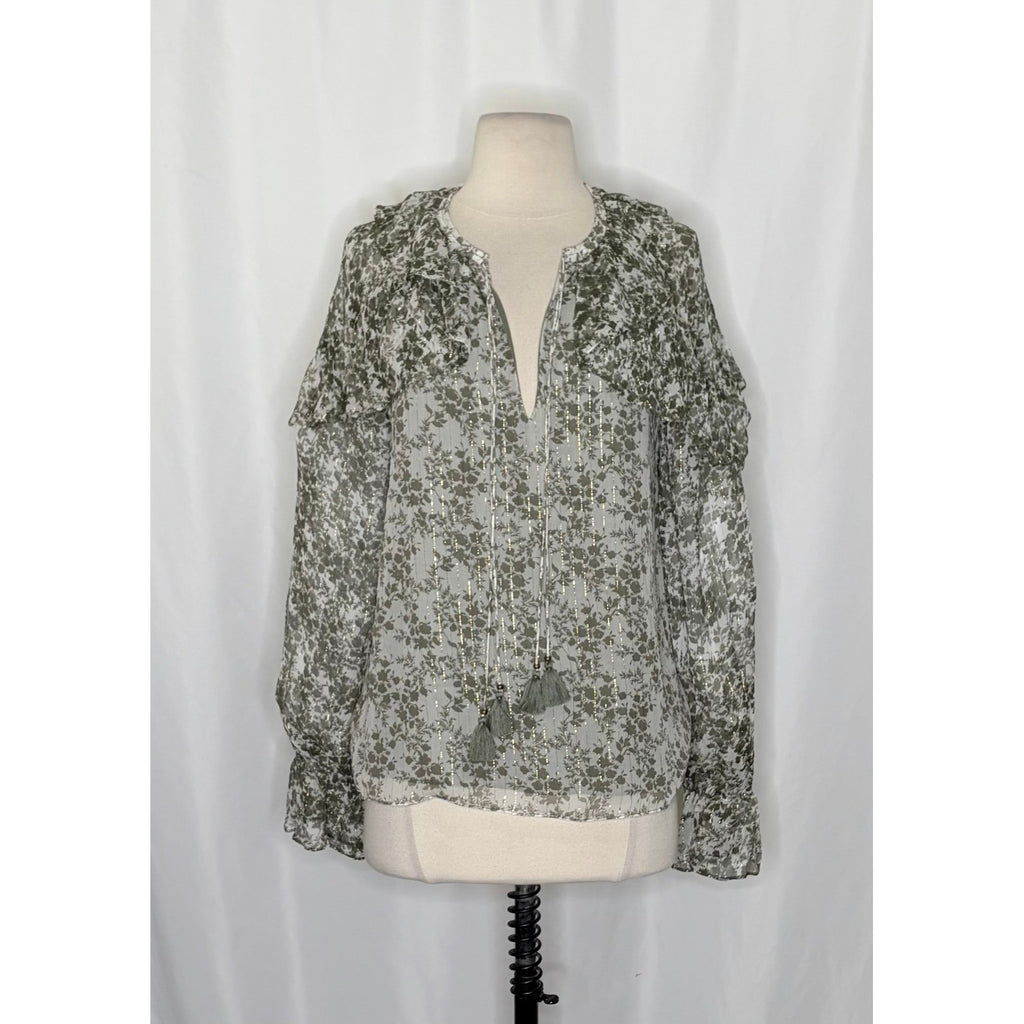 RAMY BROOK Silk Printed Celeste Blouse Chiffon Sagco Green Floral Metallic Small