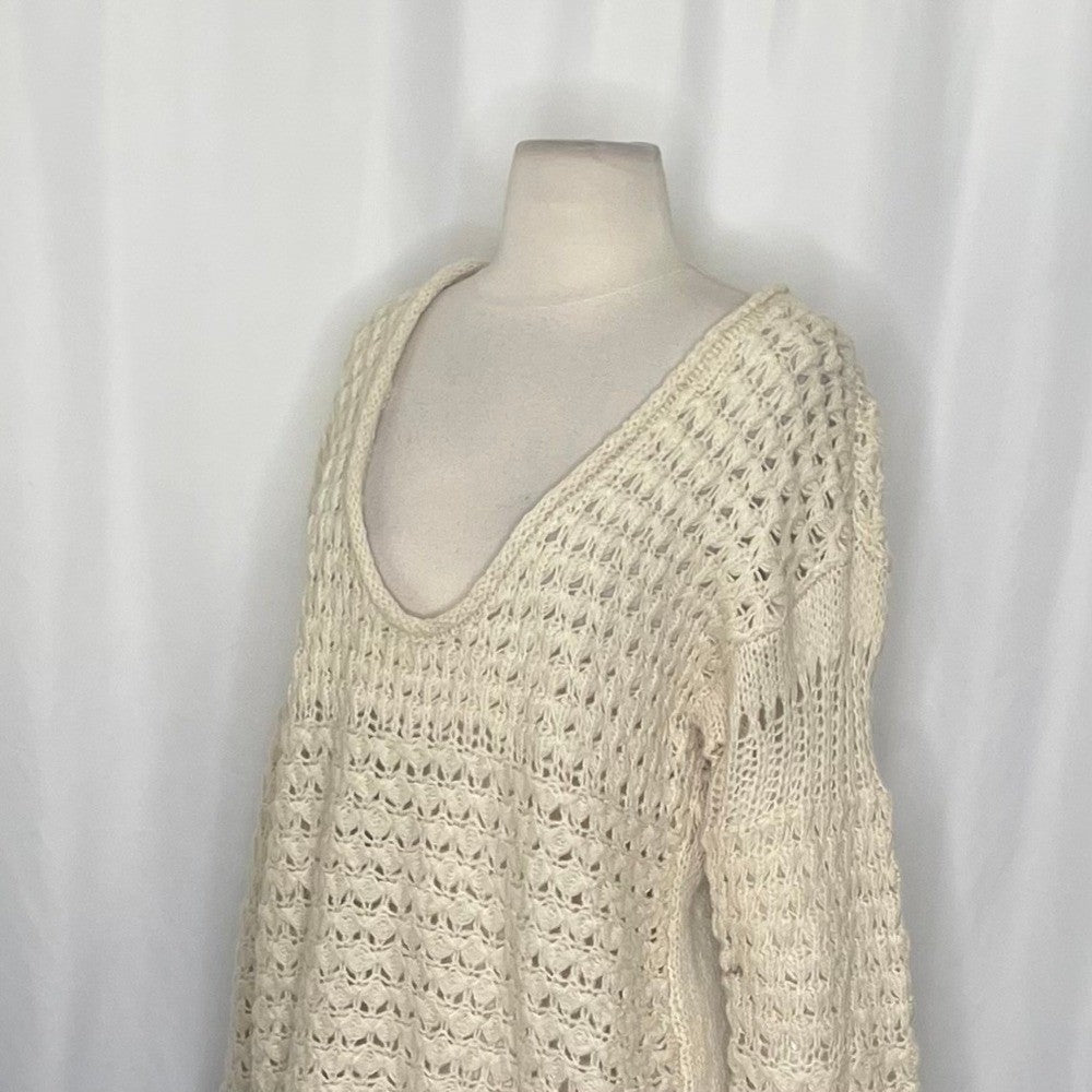 FREE PEOPLE Crashing Waves Scoop Neck Sweater Solid Cream Pullover Knit Small