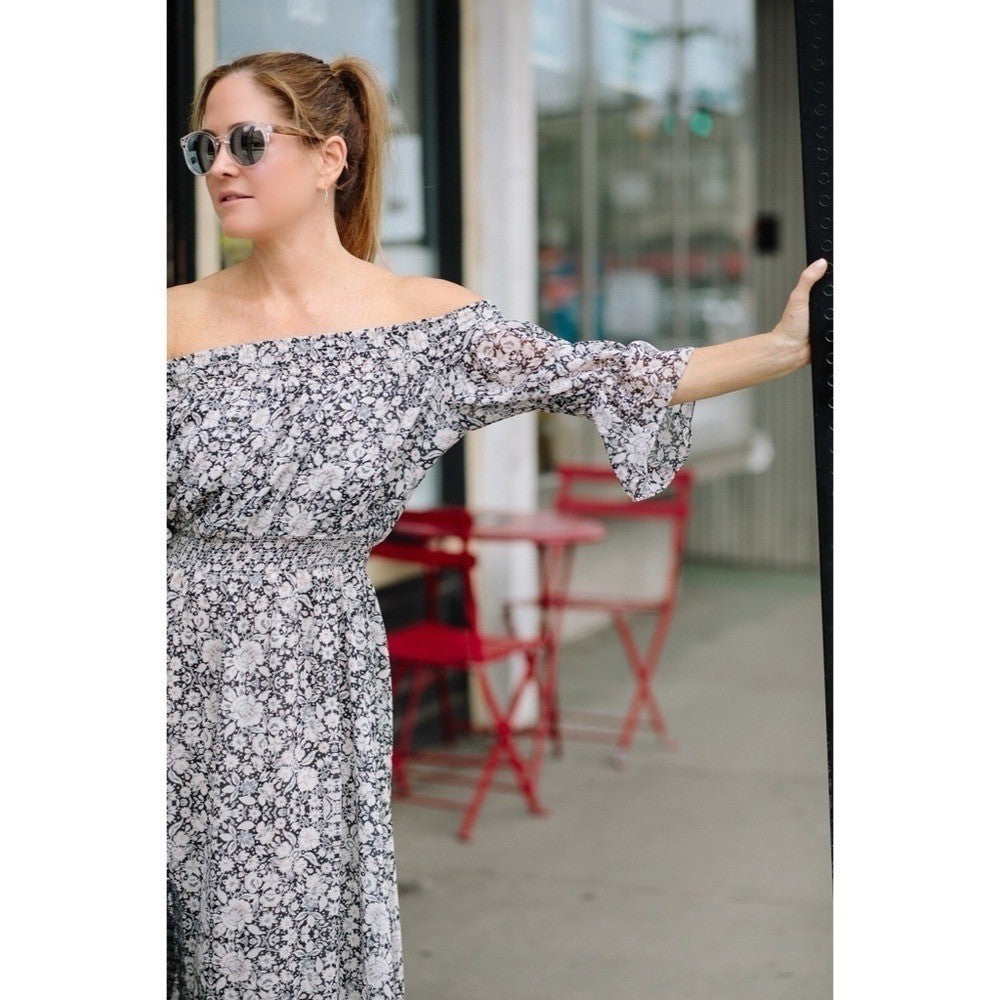 MISA Los Angeles Floral Smocked Midi Dress Black Gray Pink Off Shoulder X-Small