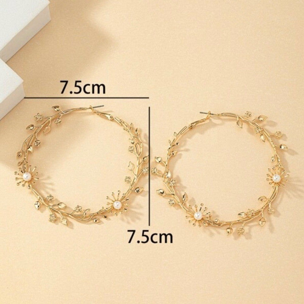 NEW!! Gold Leaf Pearl Hoop Earrings Large Round Floral Boho Circle Pearls Bridal