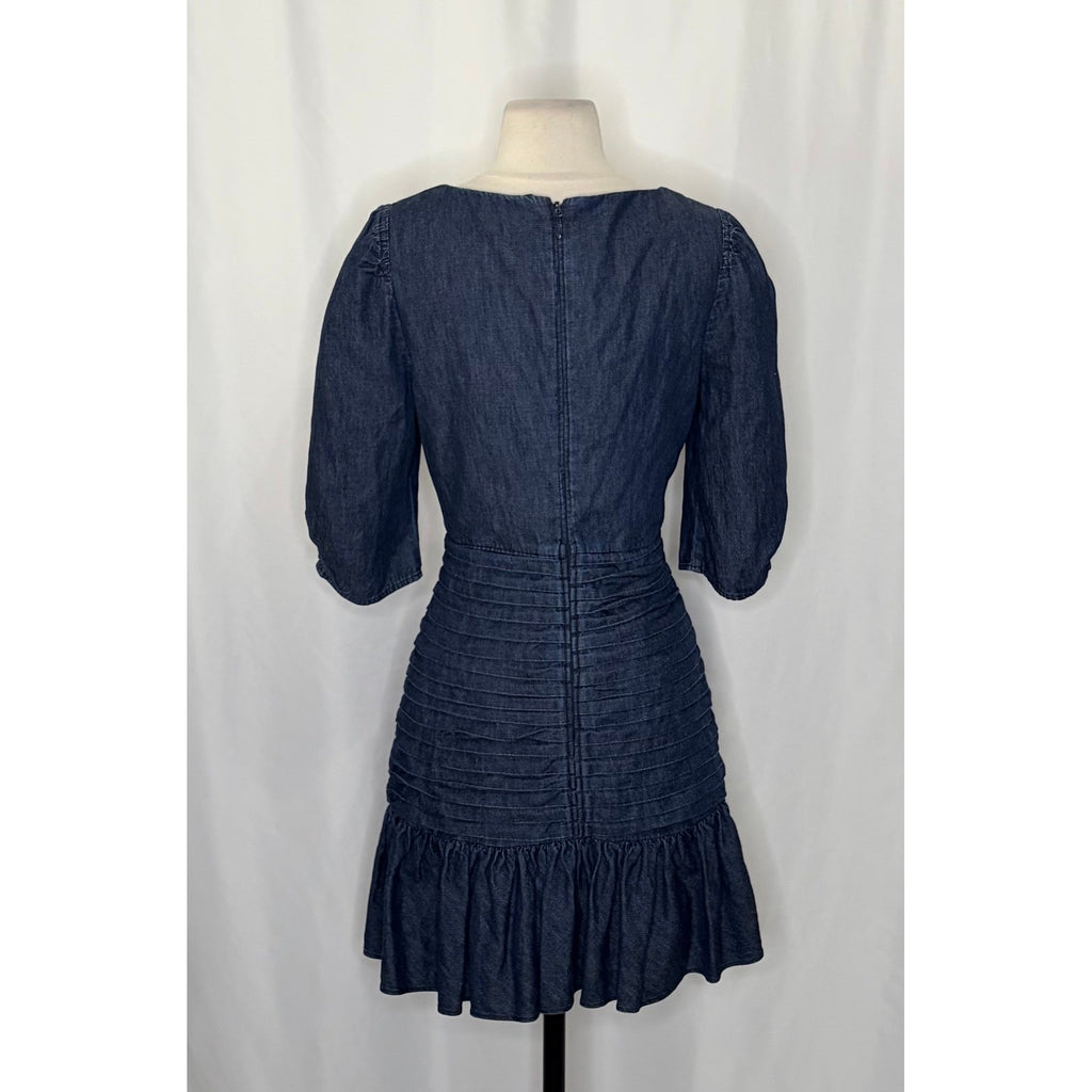 TANYA TAYLOR Pansy Dress Blue Denim Pleated Mini Puffed Sleeves Flirty Size 6