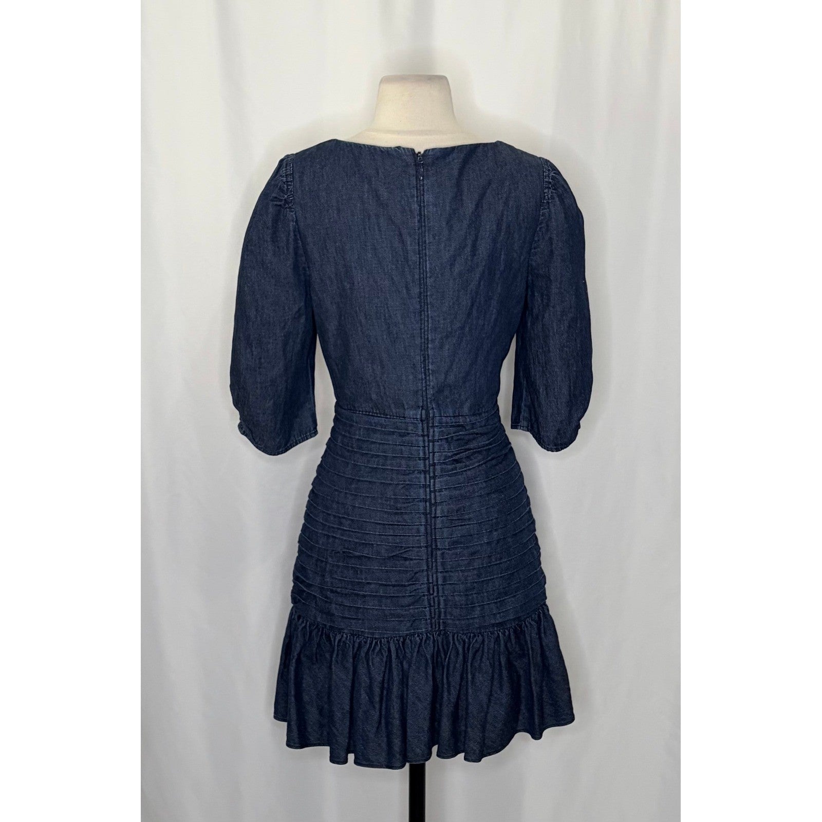TANYA TAYLOR Pansy Dress Blue Denim Pleated Mini Puffed Sleeves Flirty Size 6