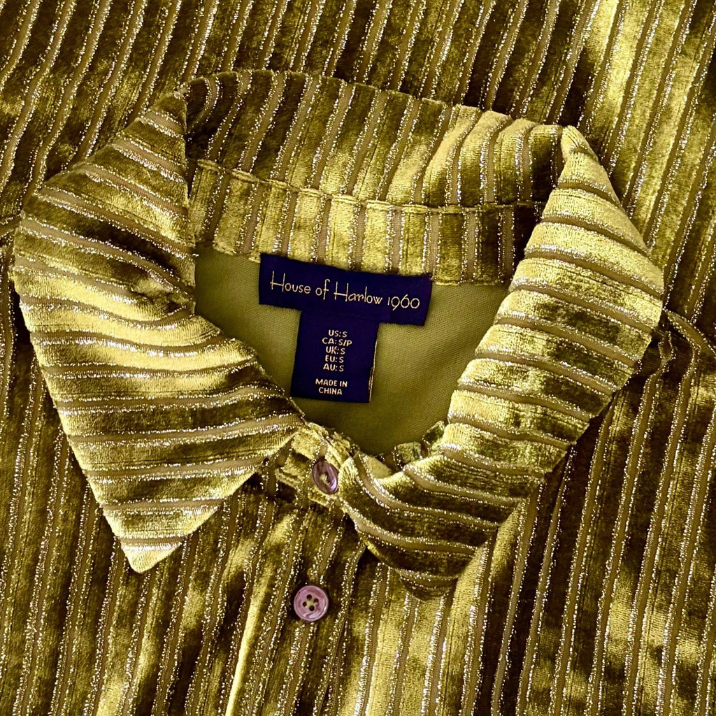 HOUSE OF HARLOW 1960 Green Velvet Stripe Buttondown Shirt Top Metallic Small