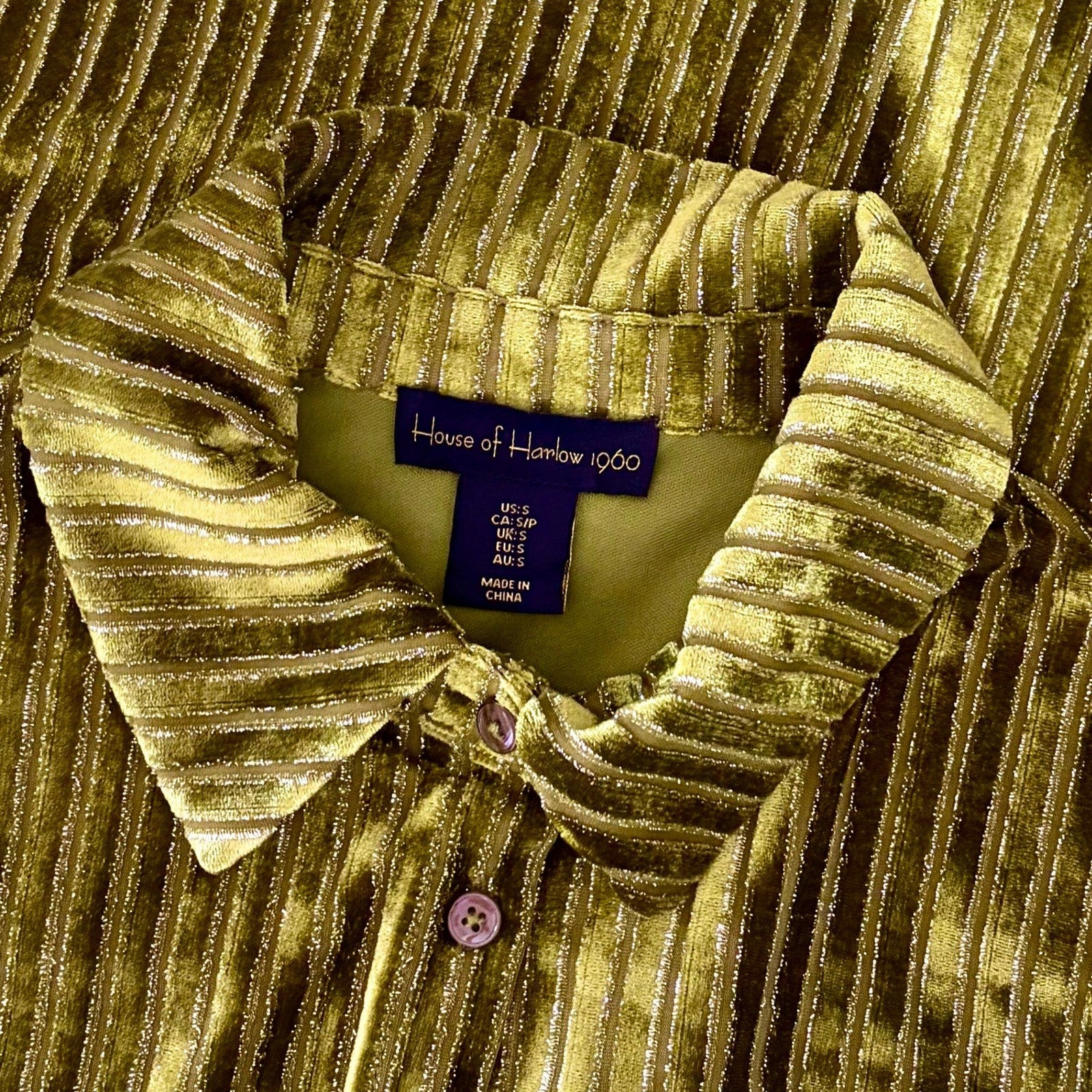 HOUSE OF HARLOW 1960 Green Velvet Stripe Buttondown Shirt Top Metallic Small