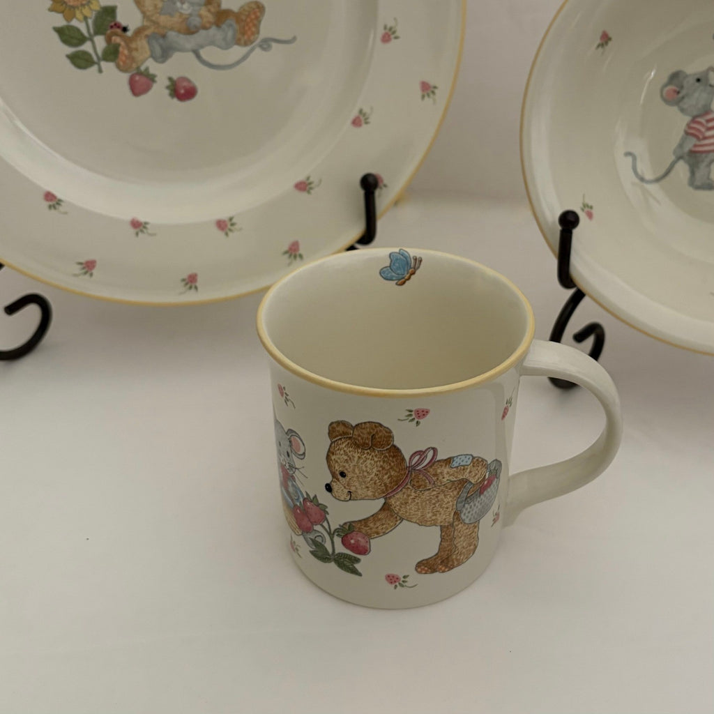 Vintage MIKASA Teddy Bear Plate Bowl Mug Set Strawberry Fruit Mouse Floral