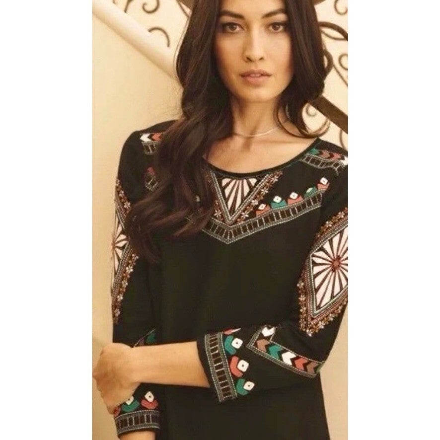 ELLA MOSS Embroidered Joss Shift Dress Retro Black Metallic Boho X-Small