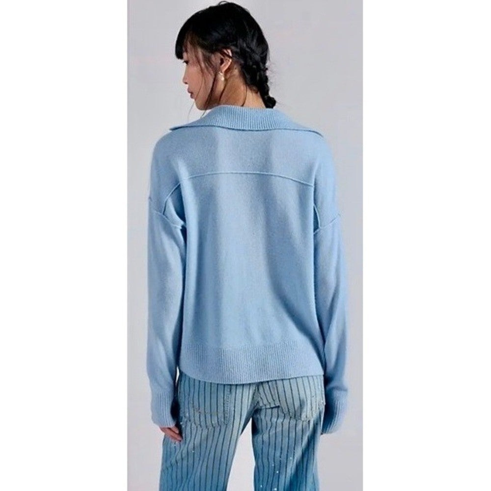 NEW! FREE PEOPLE Eloura Cashmere Henley Sweater Arctic Sky Blue Solid Knit XS