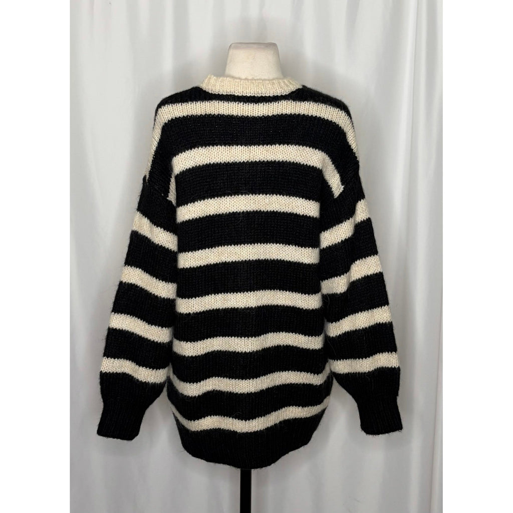 ZARA Long Striped Cardigan Sweater Black Ivory Striped Wool Alpaca Knit Small