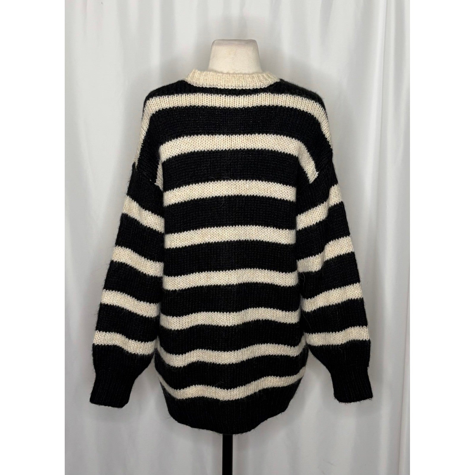 ZARA Long Striped Cardigan Sweater Black Ivory Striped Wool Alpaca Knit Small