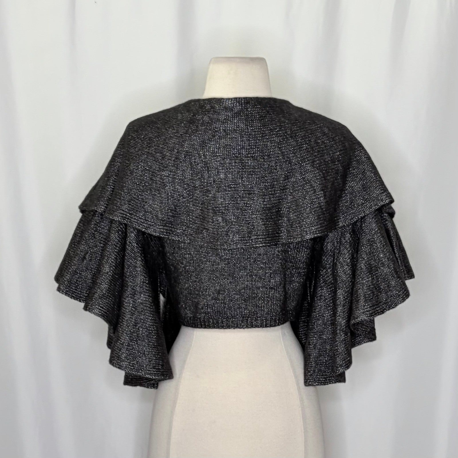 NWT!! ROBERT RODRIGUEZ Wool Blend Charcoal Ruffled Cardigan Cape Sweater X-Small