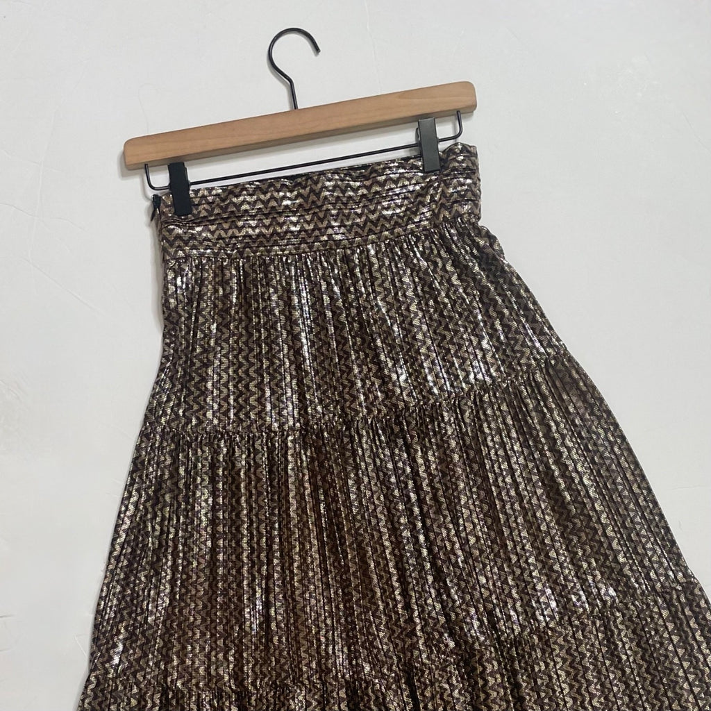 BA&SH Pleated Jupe Poly Midi Skirt Chevron Stripe Foil Metallic Tiered Size 6