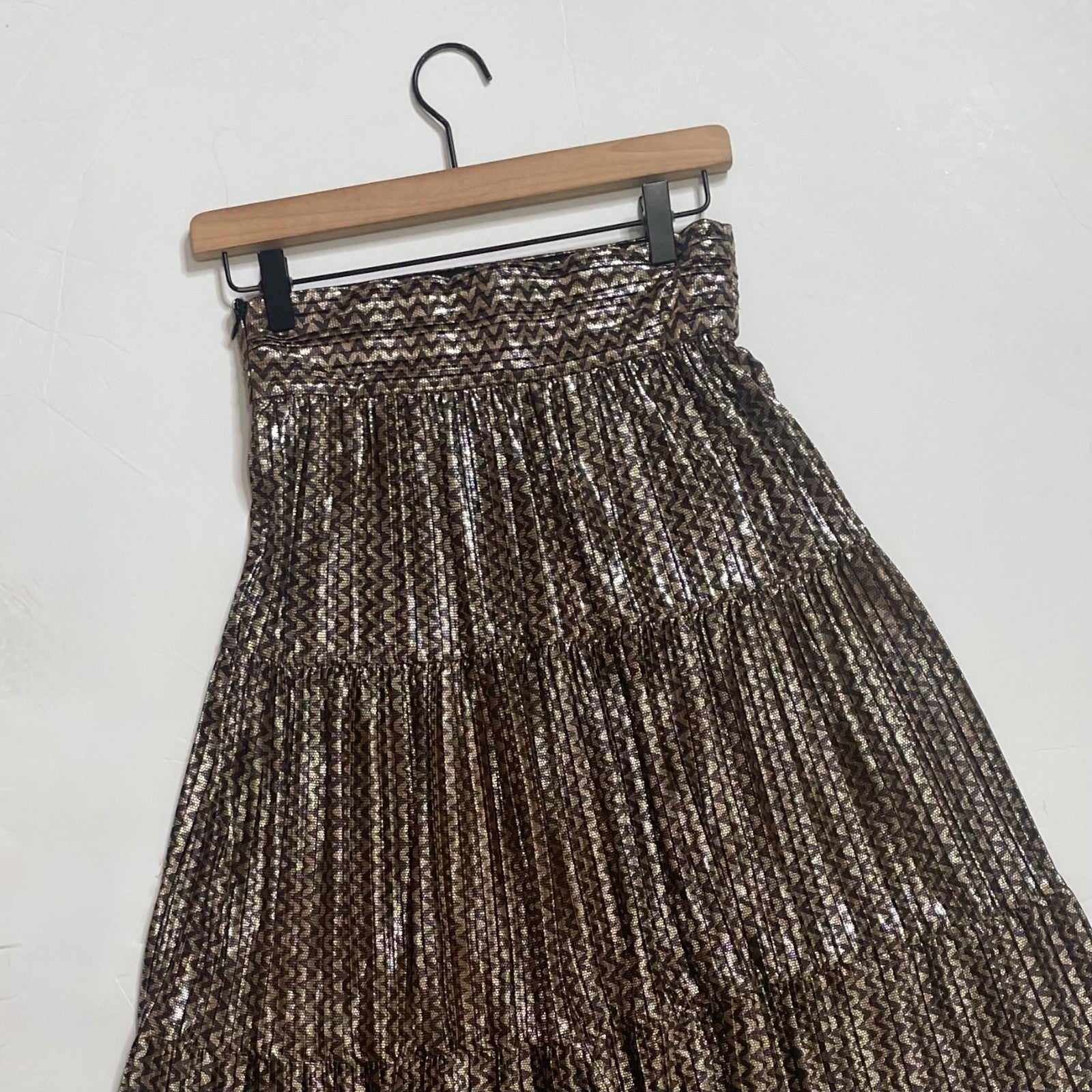 BA&SH Pleated Jupe Poly Midi Skirt Chevron Stripe Foil Metallic Tiered Size 6