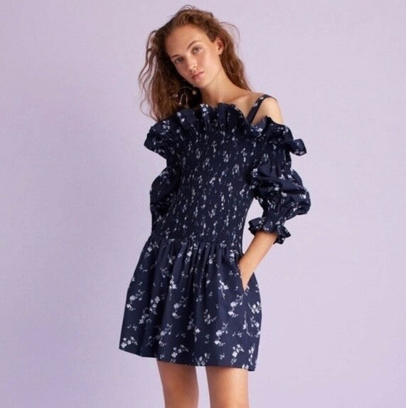 Revolve REBECCA TAYLOR Francine Off Shoulder Dress Floral Smocked Navy Blue 0